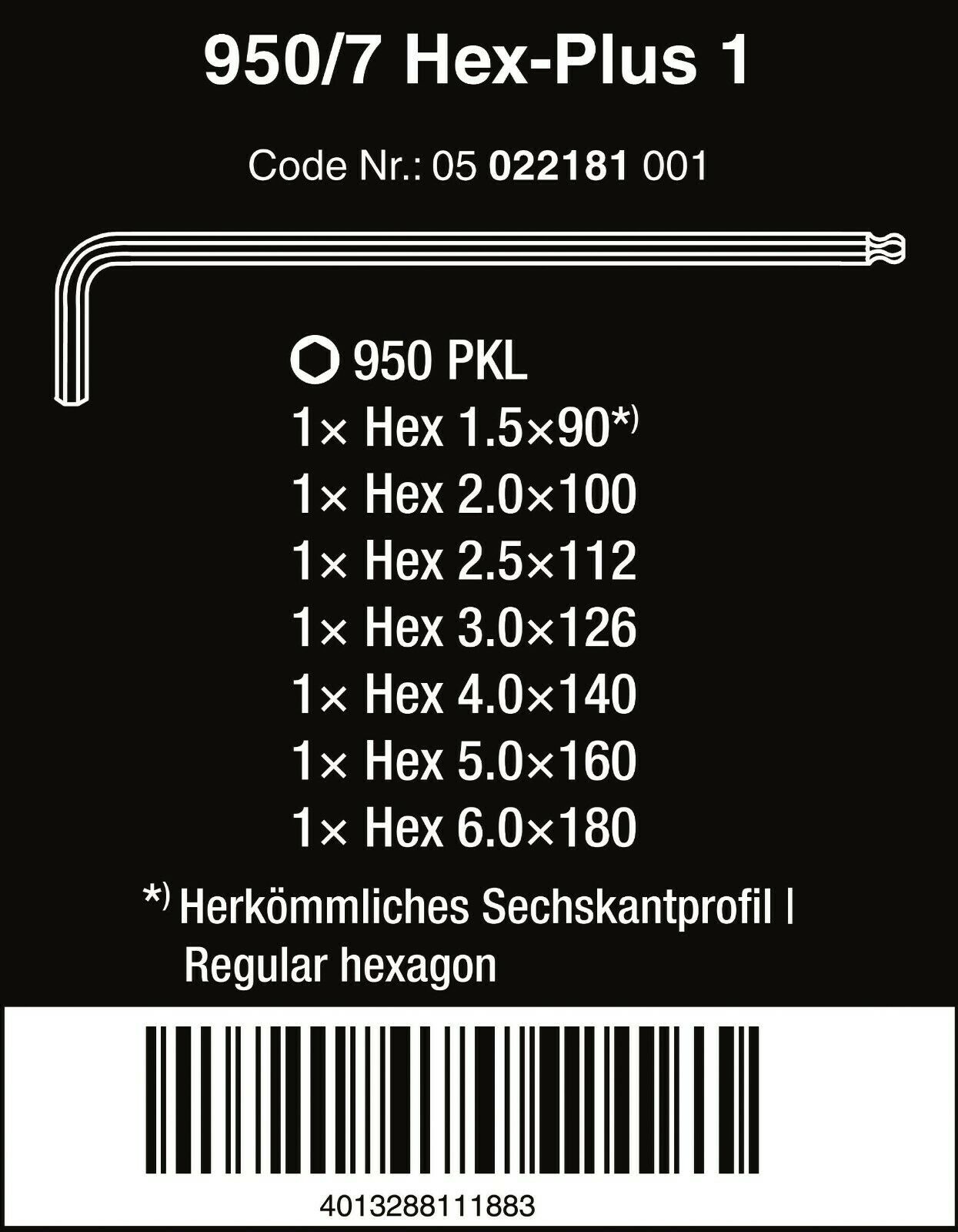 Wera 950/7 Hex-Plus 1 L-Key Set Chrome Plated Metric 7 Pieces