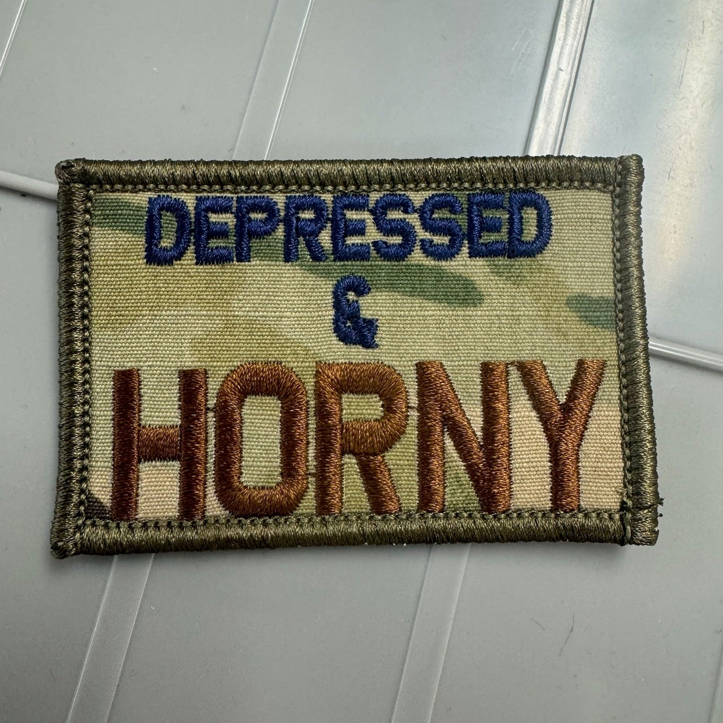 As Seen on Socials - Depressed & Horny - 2x3 Patch - Multicam w/Navy/Spice