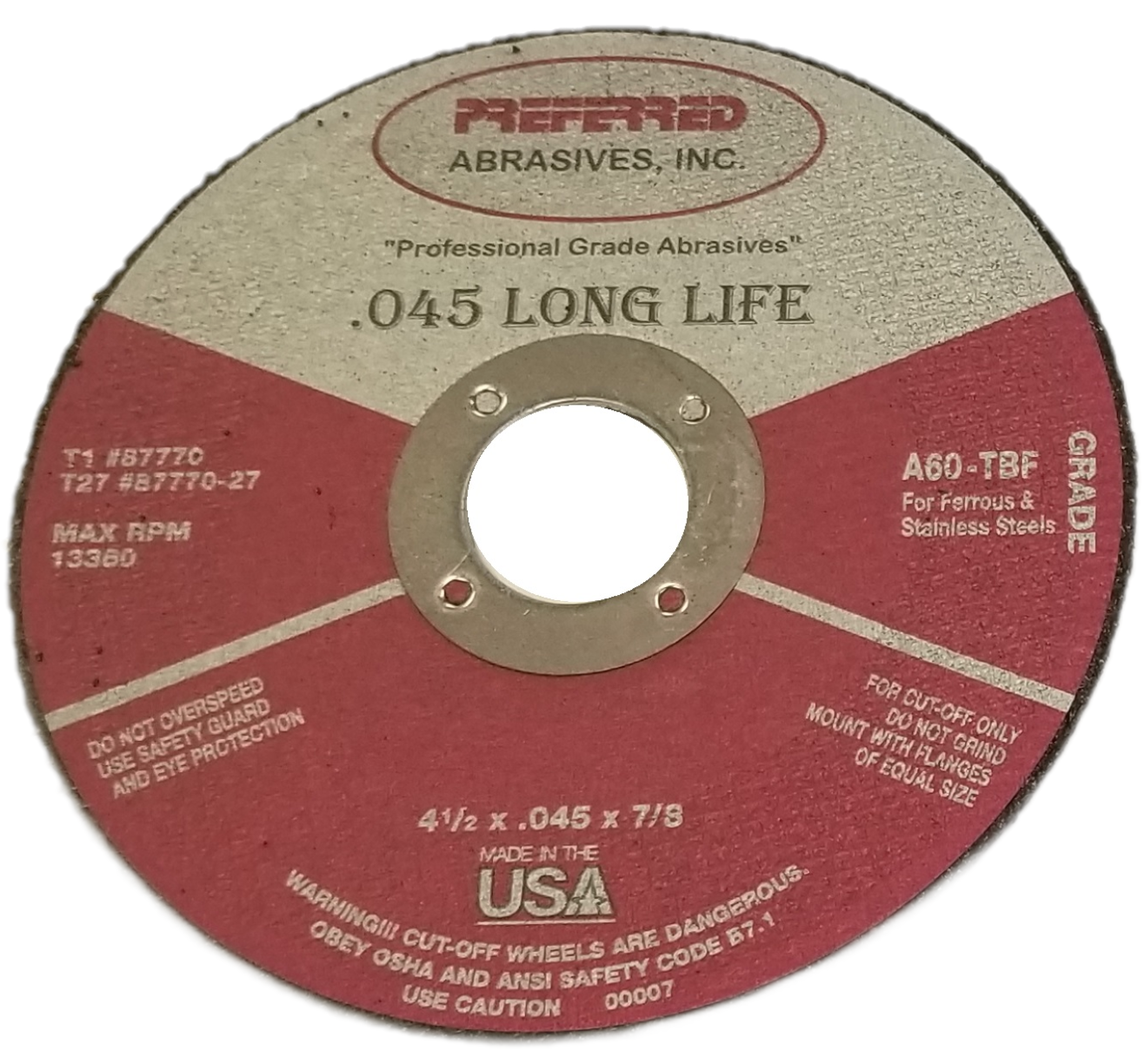 Preferred Abrasives Reinforced Cut-Off Wheel A60-TBF Type 1 Grit