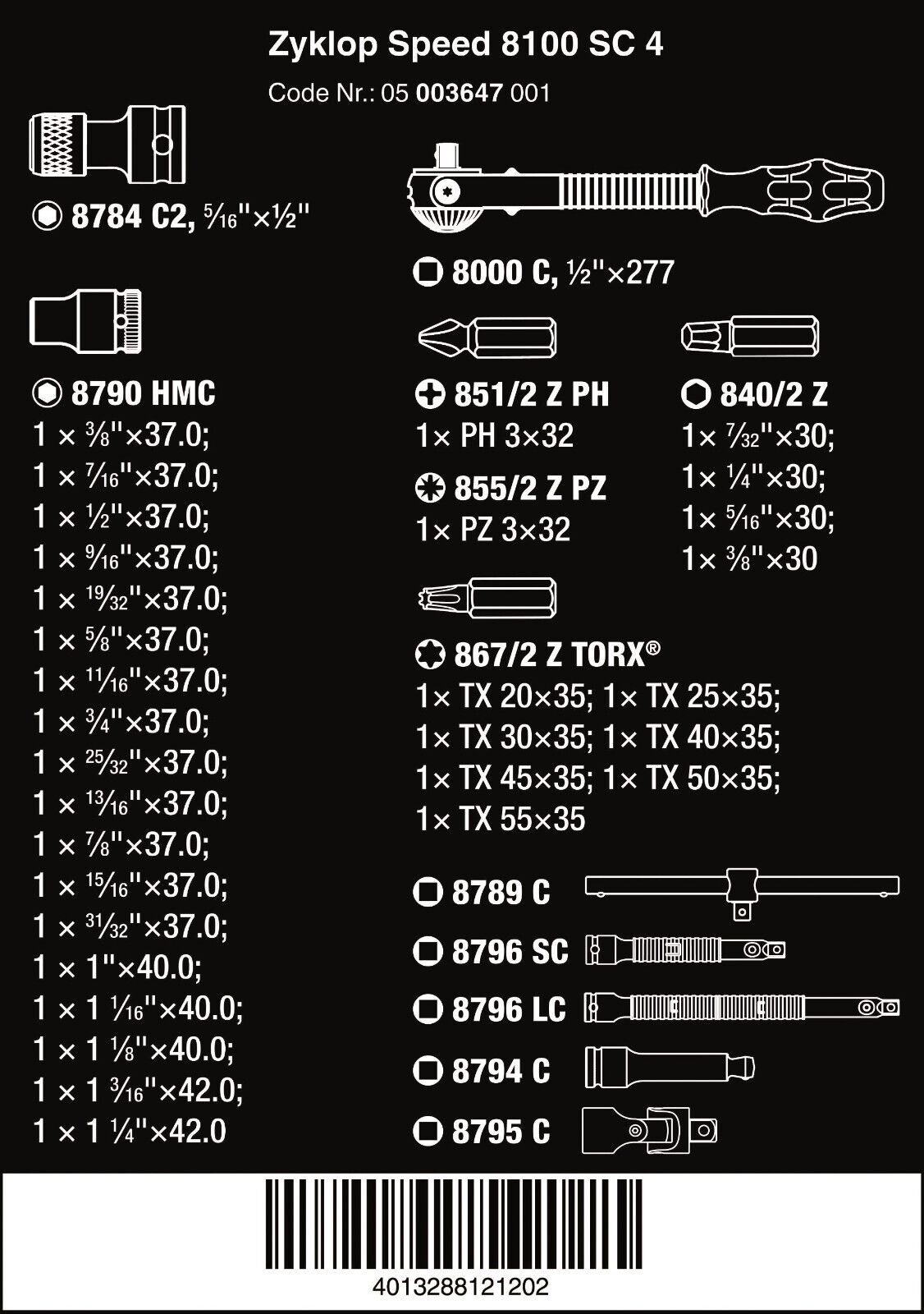 Wera 8100 SC 4 Zyklop Socket Wrench Set 1/2" Drive SAE