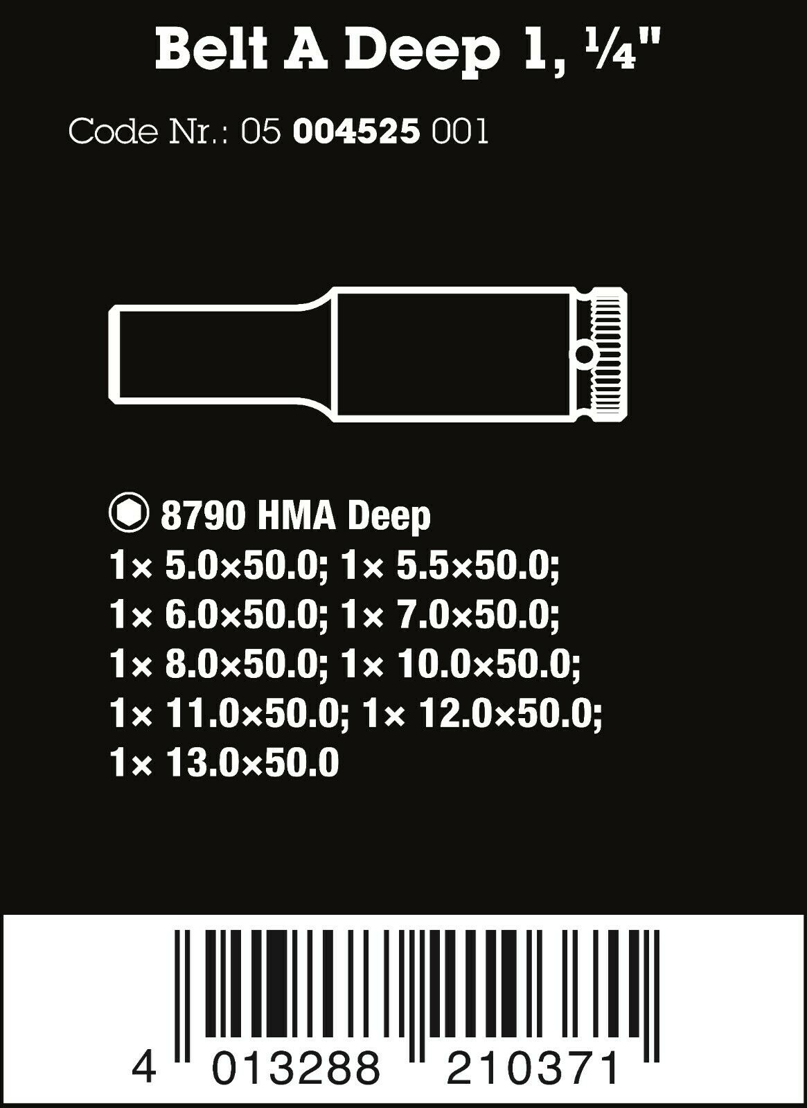 Wera 8790 HMA Belt A Deep 1 Socket Set 1/4" Drive Metric 9 Pieces