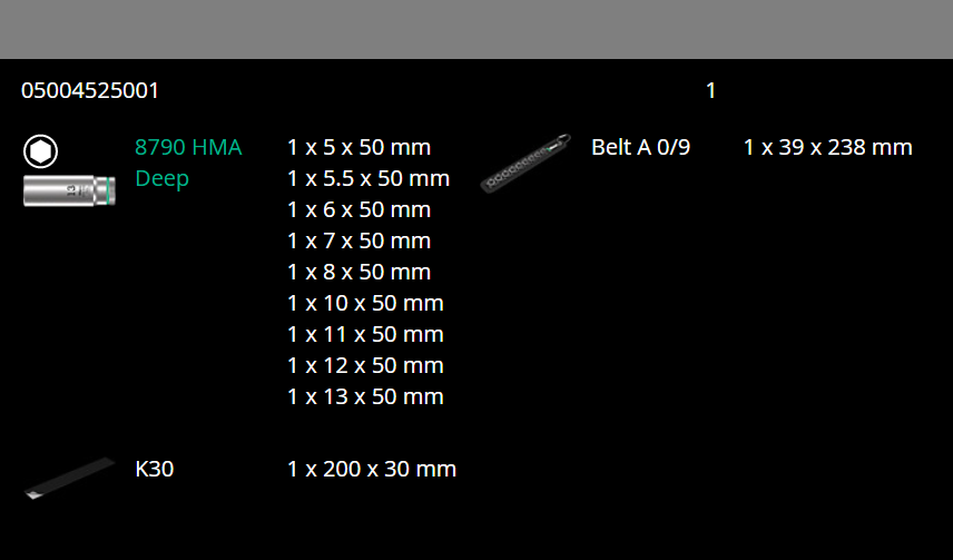 Wera 8790 HMA Belt A Deep 1 Socket Set 1/4" Drive Metric 9 Pieces