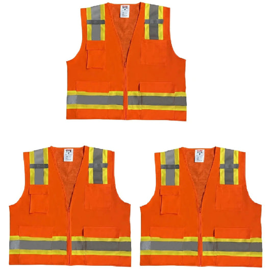 Safety Main 05TTSOZ Surveyor Vest, Class 2, Solid Front, Mesh Back, Hi-Vis Orange, Pack of 3